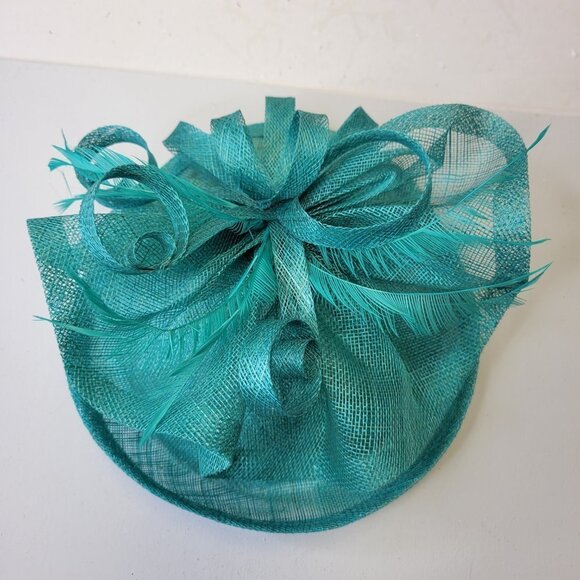Teal Blue Fascinator with an Upturned Brim Sinamay Loops Rosettes and Feathers - Picture 13 of 16